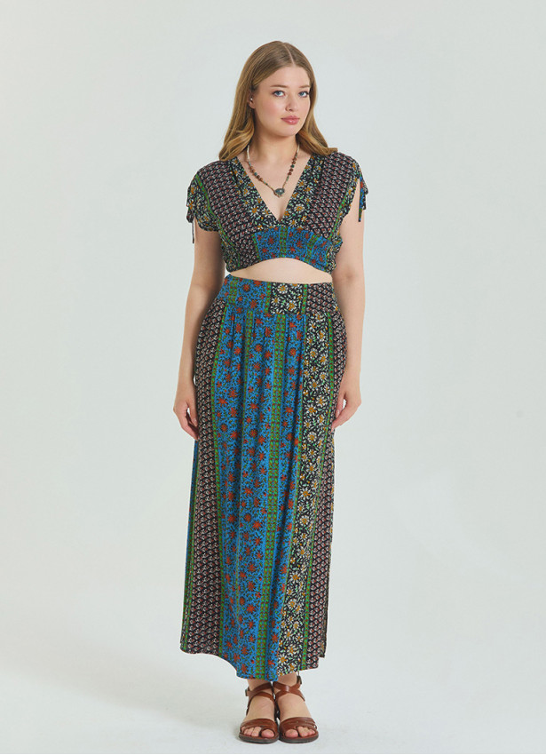 Navy Blue Plus Size Skirt with Elastic Waist and Slit 4625